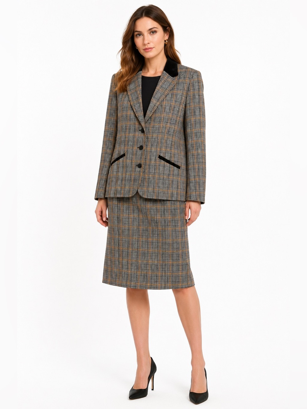 Vintage Pendleton 100% virgin wool skirt suit set plaid tartan black tan size 10